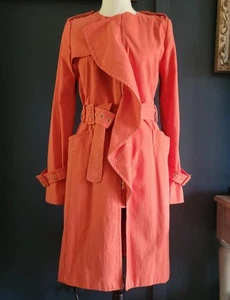 BCBGMaxazria Cotton Blend Belted Ruffle Full Zip Spring Fall Trench Coat Small - Picture 1 of 17