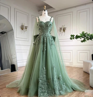Elegant Sage Green Wedding Dresses with Cape Lace Appliques A Line Bridal Gowns - Image 1 of 4