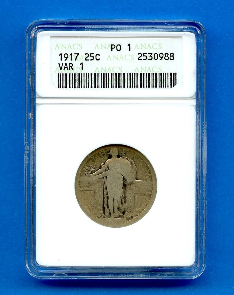 1917 P ANACS PO1 Standing Liberty Cuarto 25c Plata EE. UU. 1917-P PO01 Pobre 1 VAR 1 Foto 1 de 3