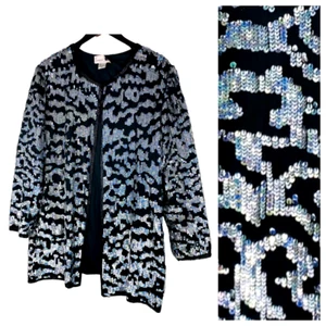 Vtg Laurence Kazar 2X XXL Jacket Blazer Coat SILK Sequined Black Silver Party v - Picture 1 of 3