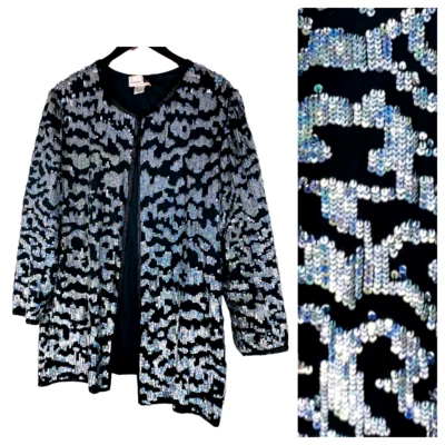 De Colección Laurence Kazar 2X XXL Chaqueta Blazer Abrigo SEDA Lentejuelas Negro Plata Fiesta v Foto 1 de 3