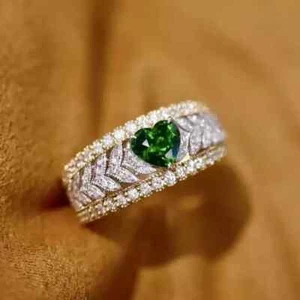 3Ct Heart Lab-Created Emerald Engagement Band Ring 14K Yellow Gold Plated Silver - Picture 1 of 7