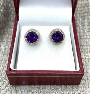 Amethyst Earrings (Round) with a Diamond Halo 14Kt. Yellow Gold