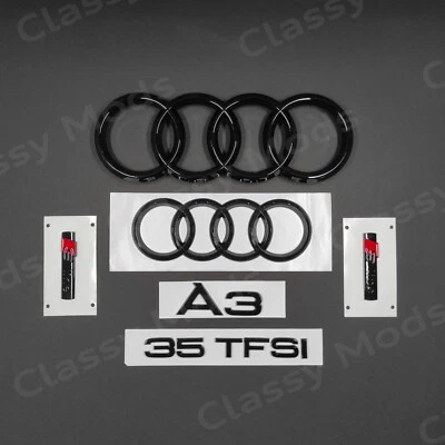 Audi A3 Front & Rear Rings Emblem Badge SET Gloss Black - Image 1 of 4