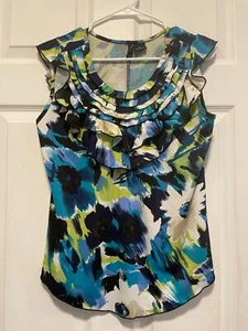 NEW DIRECTIONS Top shirt blouse PM 8 Bust 38 Length 25 White/Blue/Multi Floral - Picture 1 of 2