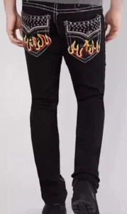 Rock Revival Jeans Quince Biker Black Denim Embroidered Flames Fire Mens Size 29 - Picture 1 of 6