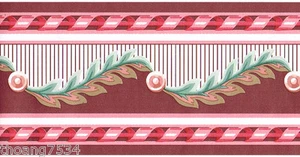 Victorian Burgundy Red Stripe Green Acanthus Leaf Scroll Wave Wall paper Border - Picture 1 of 2