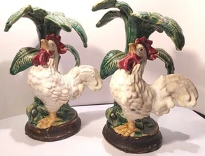 VERY VINTAGE Pair White Hens Under Palm Tree Taper Candlestick Ceramic SEE PICS - Picture 1 of 12