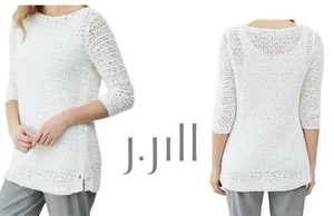 Suéter tejido abierto manga 3/4 mediana blanco 100 % algodón J. Jill para mujer - Imagen 1 de 7