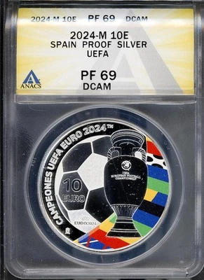 2024-M 10 Euro Silver UEFA Coin # 216 Proof 69 DCAM ANACS # 7912830 + Bonus - Image 1 of 2