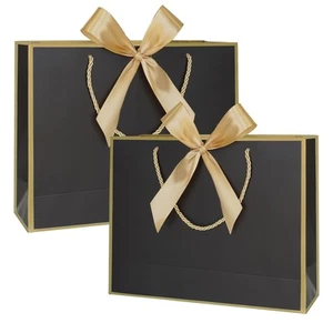 Black and Gold Gift Bags with Handle 10 Pcs Bow Ribbon Paper Bags for Wedding... - Picture 1 of 8