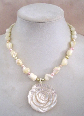 Vintage Lee Sands Mother of Pearl Rose Pendant Beaded NECKLACE - Image 1 of 4
