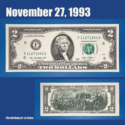 November 27, 1993 Birthday Anniversary $2 Two Dollar Bill Serial Number 11271993 - Image 1 of 2