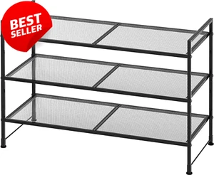 3-Tier Stackable Mesh Shoe Rack with Shelves Black Storage Organizer - Picture 1 of 12
