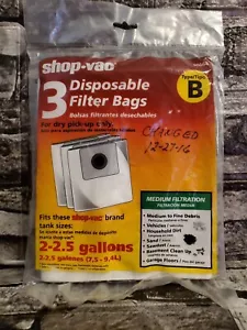 Shop Vac Disposable 3 Pack Type B General Filter Bags Fits 2-2.5 Gallon #90668 - Picture 1 of 4