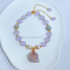 Lavender Jade Freshwater Pearl Amethyst Adjustable Copper Bracelet - Green Lotus - Picture 1 of 1