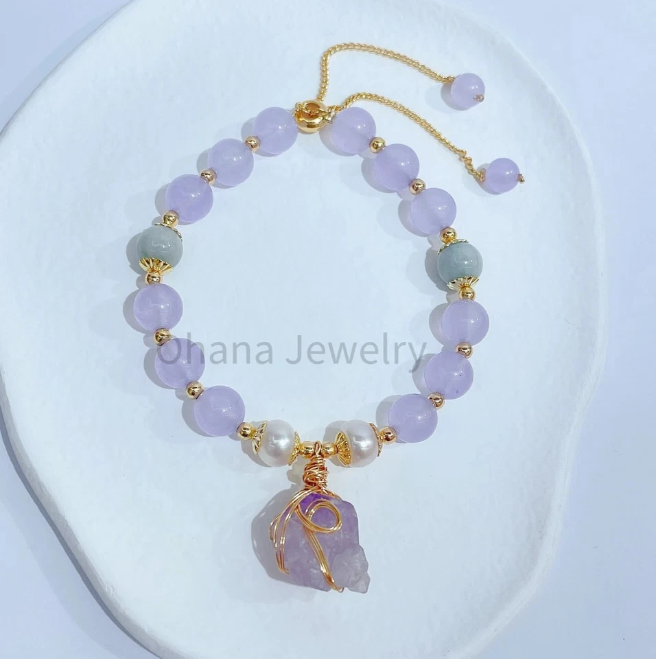 Lavender Jade Freshwater Pearl Amethyst Adjustable Copper Bracelet - Green Lotus - Image 1 of 1