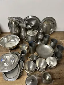 LARGE VINTAGE PEWTER PITCHERS BOWLS CUPS MIXED LOT 19 + lbs - Picture 1 of 9