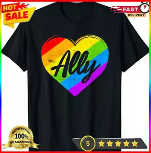 Pride Ally LGBTQ Proud Supporter Gay Pride Flag Heart Cute Gift Unisex T-Shirt - Picture 1 of 14