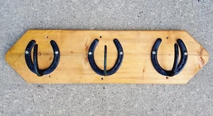 Vintage Unique Coat Rack w/3 Horseshoe Hooks on Solid Wood. ~27" Wide - Picture 1 of 4