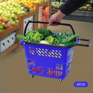 6Pcs Blue Shopping Basket Plastic Rolling Shopping Basket with Wheels and Handle - Picture 1 of 23