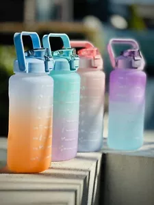 2L Water Bottle Drink Flask BPA Free Straw Cup Time Markings Sports Gym Cycling - Picture 1 of 15