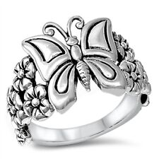 .925 Sterling Silver Butterfly Plumeria Flower Fashion Ring Size 4-12 NEW