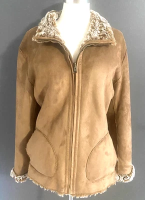 ColdWater Creek L Marrón Imitación Gamuza Suave Abrigo Chaqueta Cremallera Forro Piel Reversible? Foto 1 de 4