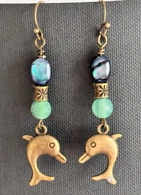 Bronze Dolphin Dangle Earrings. Green Agate and Abalone Bead. Tropical - Image 1 of 3