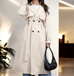 Women's Trench Long Beige Real Leather Button closer Double Breasted Belted Coat - Picture 1 of 8
