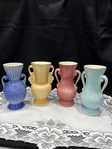 VTG Set of 4 Pink, D. Blue , L Blue, Yellow Glazed Royal Copley 6 1/4" T Vases - Picture 1 of 18