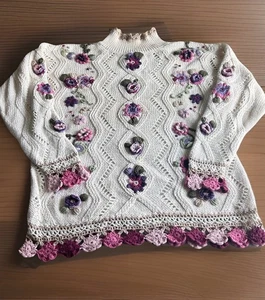Vtg Rebecca Stone Womens M Sweater 3D Crochet Flowers Garden Cottagecore Remi - Picture 1 of 17