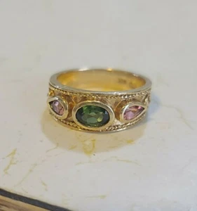  Green tourmaline & pink sapphire ring 14k gold band custom made signed - Picture 1 of 12