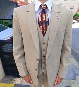 1950s vintage handtailored bespoke classic all worsted 3 pieces beige suit 42R