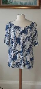 SJS Blue & White Floral Top with White Trim on Sleeves - Picture 1 of 4