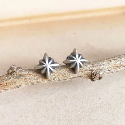 Oxidized 925 Sterling Silver Tiny Cross Star Small Stud Earrings Gothic Unique - Image 1 of 4