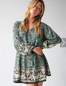 Natural Life Dara Tunic Dress Floral Long Sleeve Flowy Boho V-Neck Tassels LARGE - Picture 1 of 6