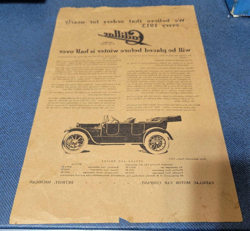 Póster auténtico extremadamente raro 1913 para concesionarios Cadillac en buen estado Foto 1 de 4