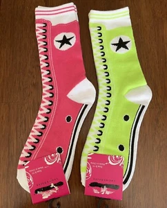 Socks Faux Lace Up Ladies Sz 9-11 Two Pair Neon Green & Hot Pink- NEW! - Picture 1 of 5