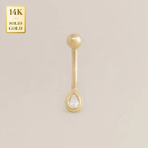 14K Solid Gold CZ Teardrop BarbellEarring Eyebrow Body Piercing Jewelry 16 Gauge - Picture 1 of 8