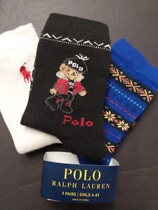 4-6x Girls Polo Ralph Lauren LET IT SNOW POLO BEAR Socks Size Fit 10-13 , 3 PAIR - Picture 1 of 7
