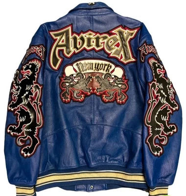Vintage 90's Avirex Inspired New York Dragons Varsity Real Blue Leather Jacket - Image 1 of 4