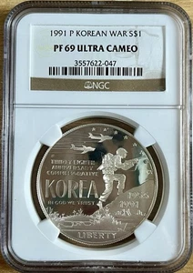 1991-P US Mint Korean War Memorial Proof Silver $1 Coin! NGC PF69 Ultra Cameo 🔥 - Picture 1 of 2