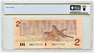 1986 $2 Canada, BC-55b, SOLID SERIAL #CBG1111111 - Choice Very Fine, PCGS VF30 - Image 1 of 2