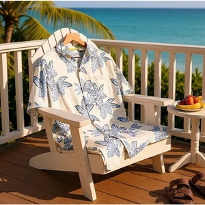 Tommy Bahama 100 % Seide Hawaii Blumen Camp Hemd Beige Blau Urlaub Herren Large - Bild 1 von 6