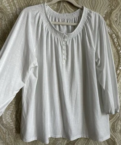 LL BEAN womens XL Camden Hills Tee Smocked Henley 3/4 Sleeve WHITE Shirt - Picture 1 of 8