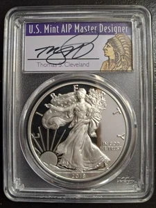 2018-S PROOF AMERICAN SILVER EAGLE PCGS PR70 DCAM THOMAS CLEVELAND SIGNED - Picture 1 of 4