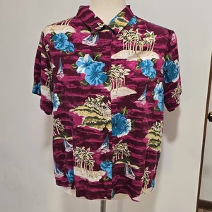 Vintage rosa scuro spiaggia scena hawaiano bottone su giù camicia hawaiana L - Foto 1 di 8