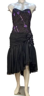 Vestido De Colección Dave Johnny 11 Púrpura Sin Tirantes Lentejuelas Volantes Gaudy Baile de graduación Años 80 EE. UU. Foto 1 de 4