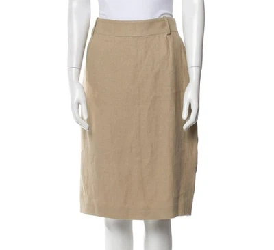Versace Skirt US12 IT46 – Tan Linen, Silk Lined, Patch Pockets, Zip Closure - Image 1 of 4